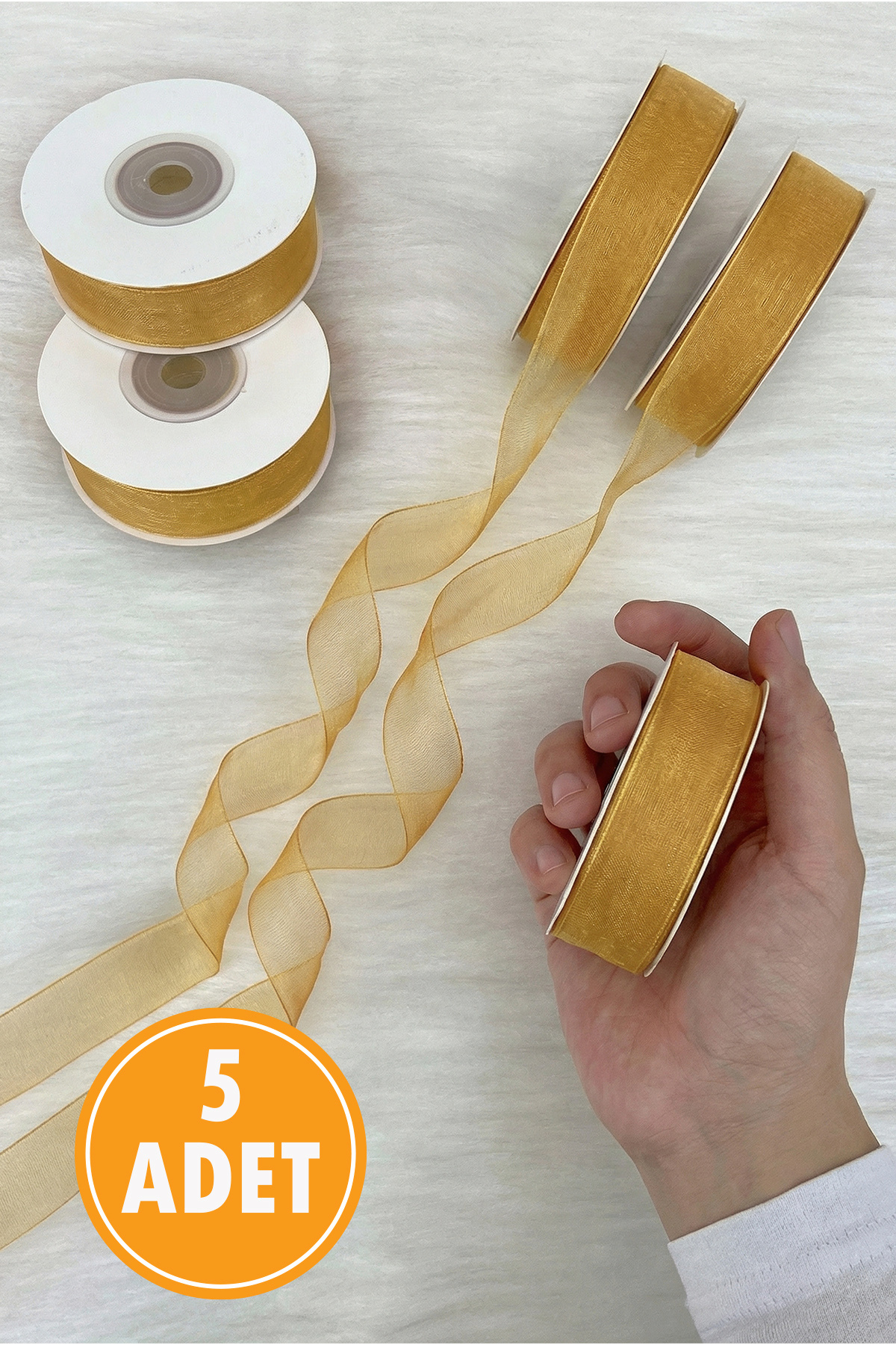 5 Organza Tulle Ribbon Light Brown 2cm 22mt, Bundle, Dowry, Gift, Packaging, Decoration, Wedding