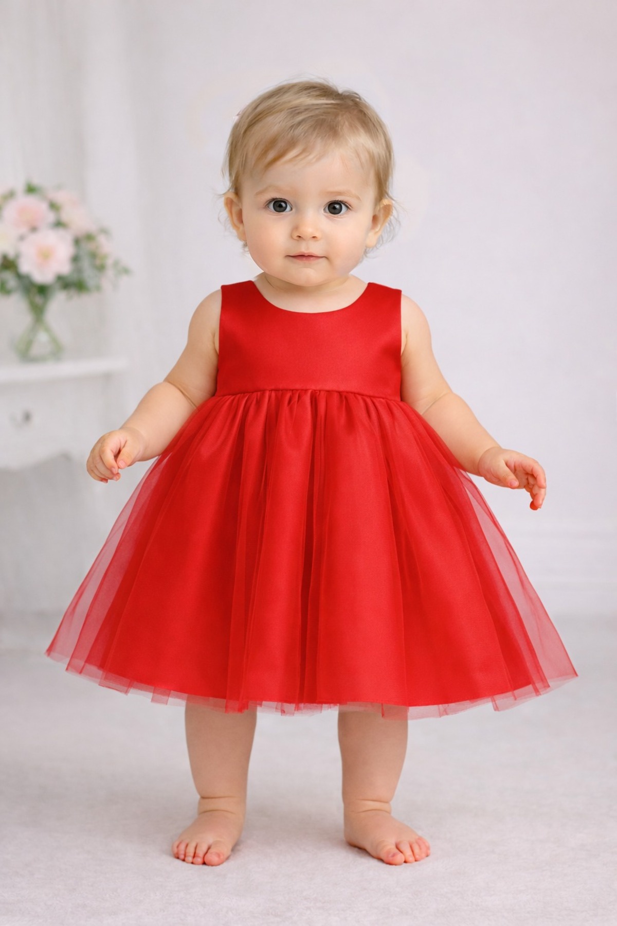 SUNEH Kız Bebek Kırmızı Robalı Mini Elbise Doğum Günü Saten Elbise