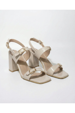 uqpe Laris Çift Tokalı Küt Burun Topuklu Sandalet Serisi - EKRU KIRIŞIK