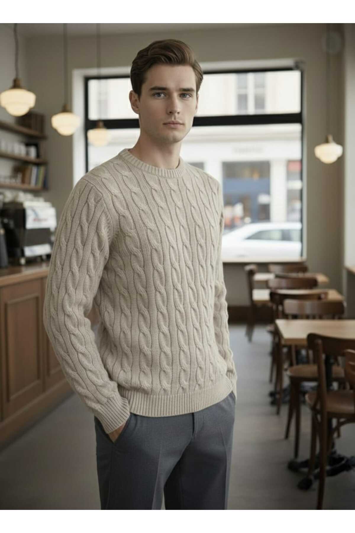 citystyle  Erkek Triko Kazak Vizon Uzun Kollu Saç Örgülü Yuvarlak Yaka Yumuşak Kışlık Günlük - Görsel 6