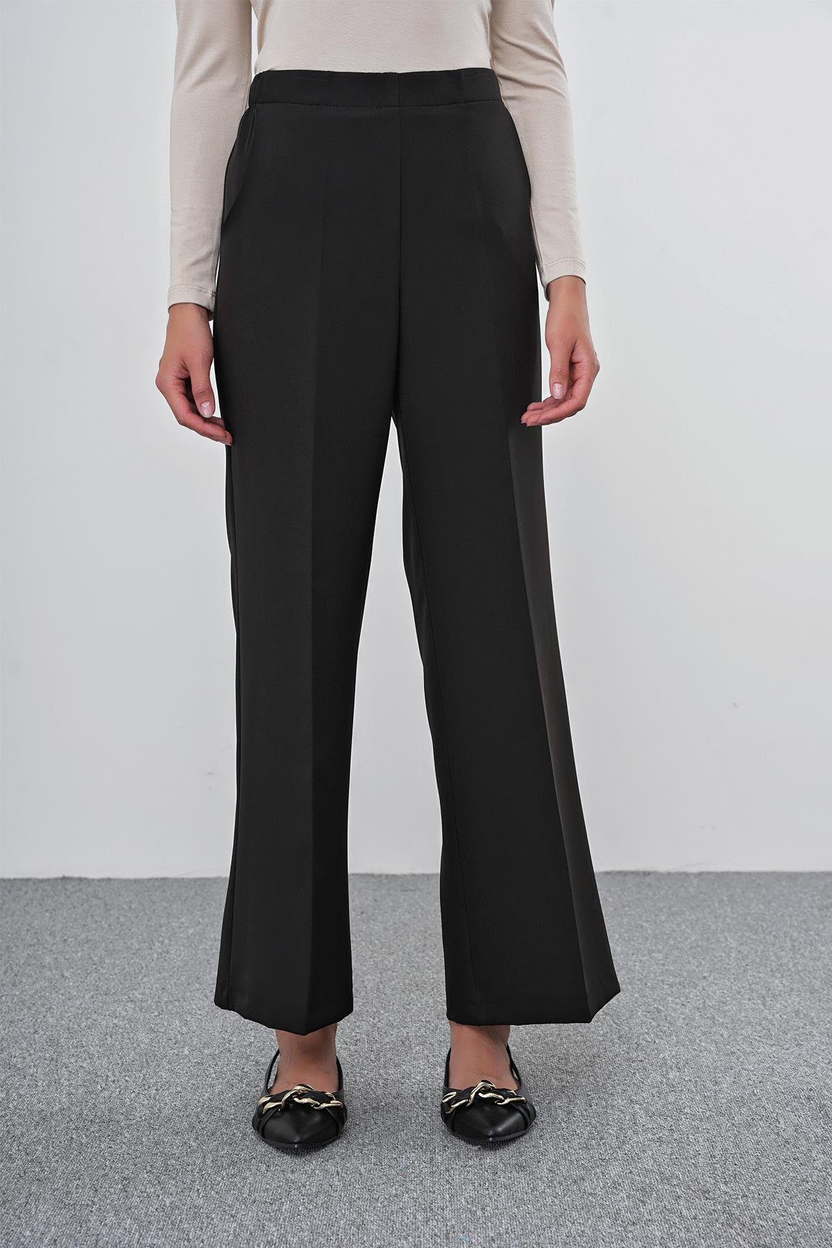Wide Leg Fabric Black Pants with Waist Elastic Detail P-0102