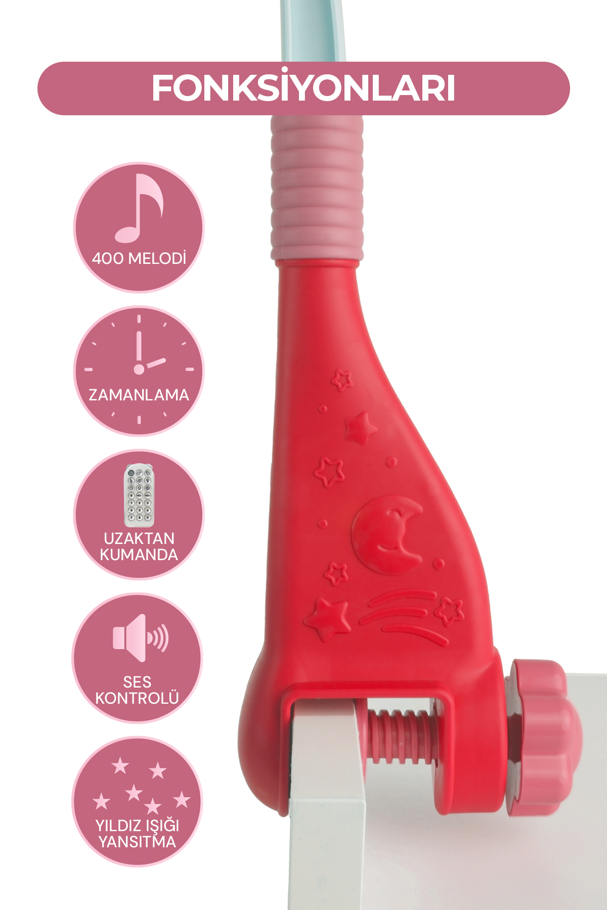 ROZİTOYS Işıklı Müzikli Kumandalı Bebek Dönencesi Pembe fotoğrafı 3 (önizleme)