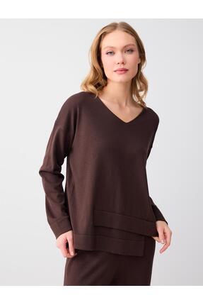 Jimmy Key Acı Kahve Uzun Kollu V Yaka Triko Kazak