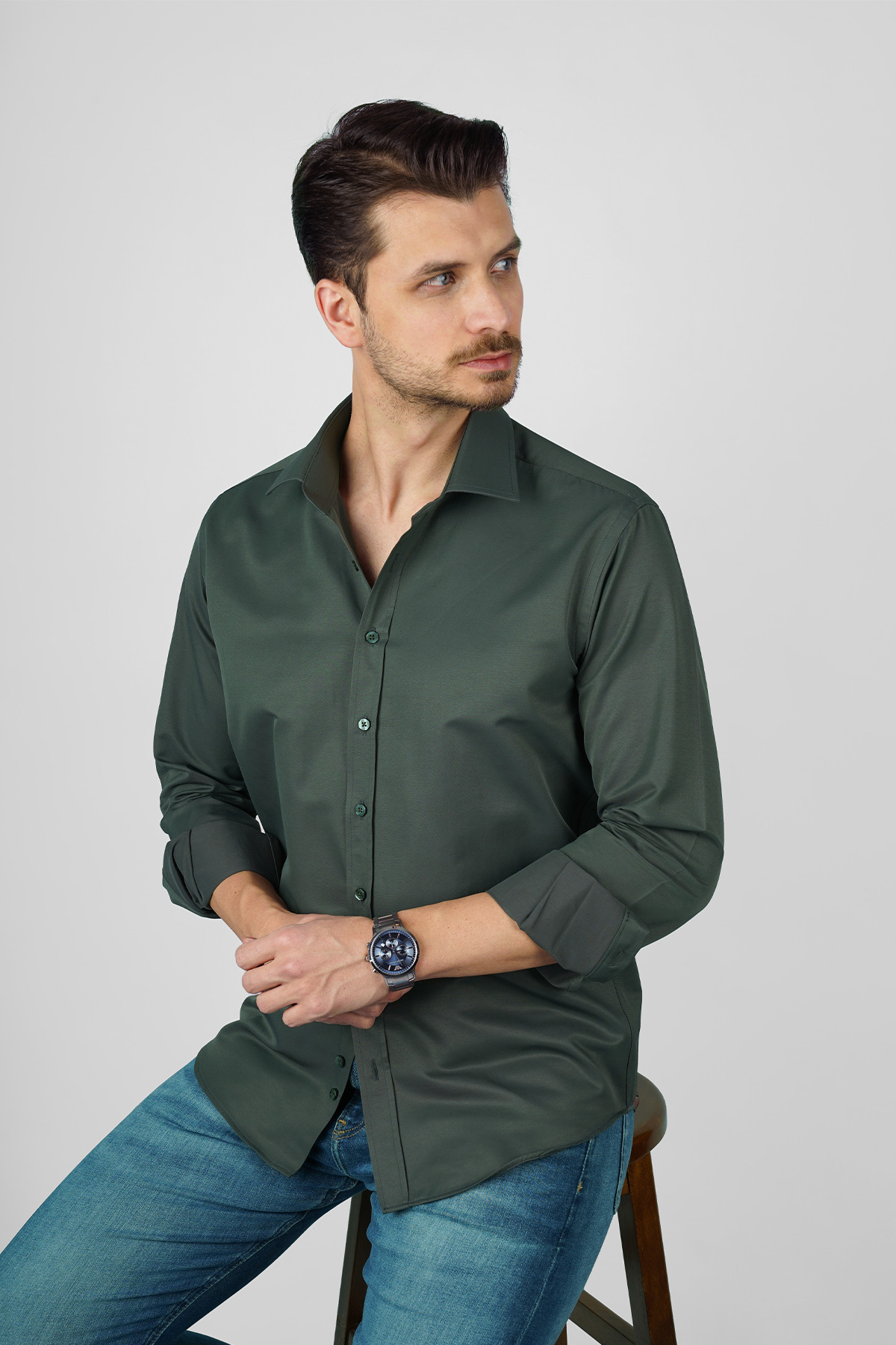 Etikmen Yeşil Saten Slimfit Erkek Gömlek görsel 4