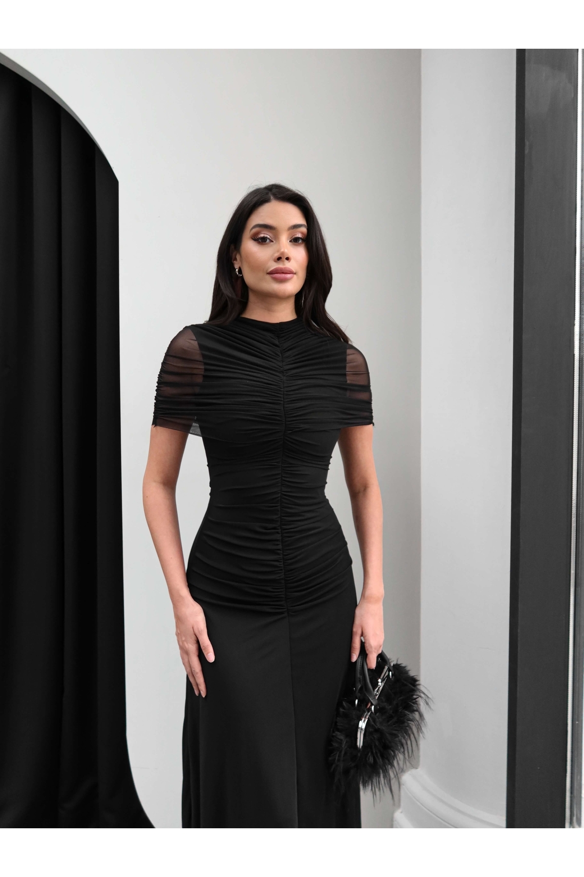 ESRAHELVACI  Boyun Bel Büzgülü Tül Elbise - Görsel 4