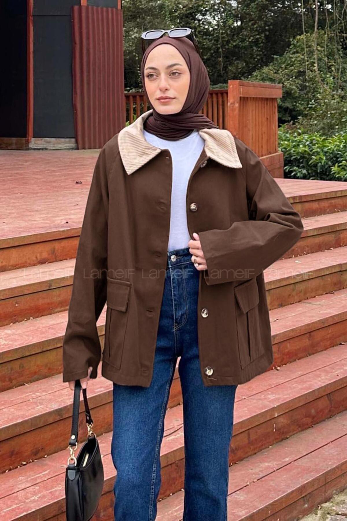 Lamelif  Yaka Detaylı Düğmeli Gabardin Ceket Koyu Kahve - Görsel 2