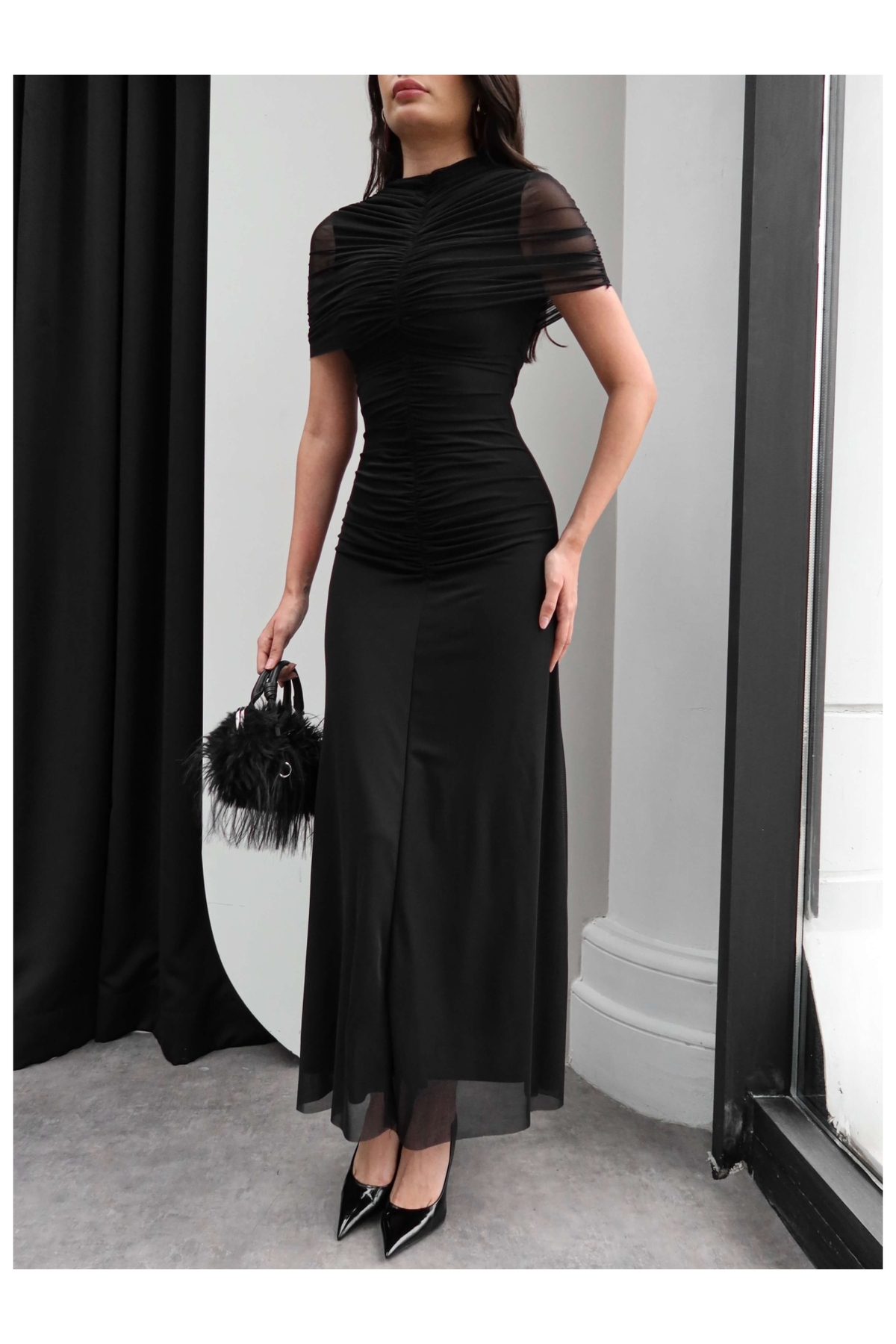 ESRAHELVACI  Boyun Bel Büzgülü Tül Elbise - Görsel 3