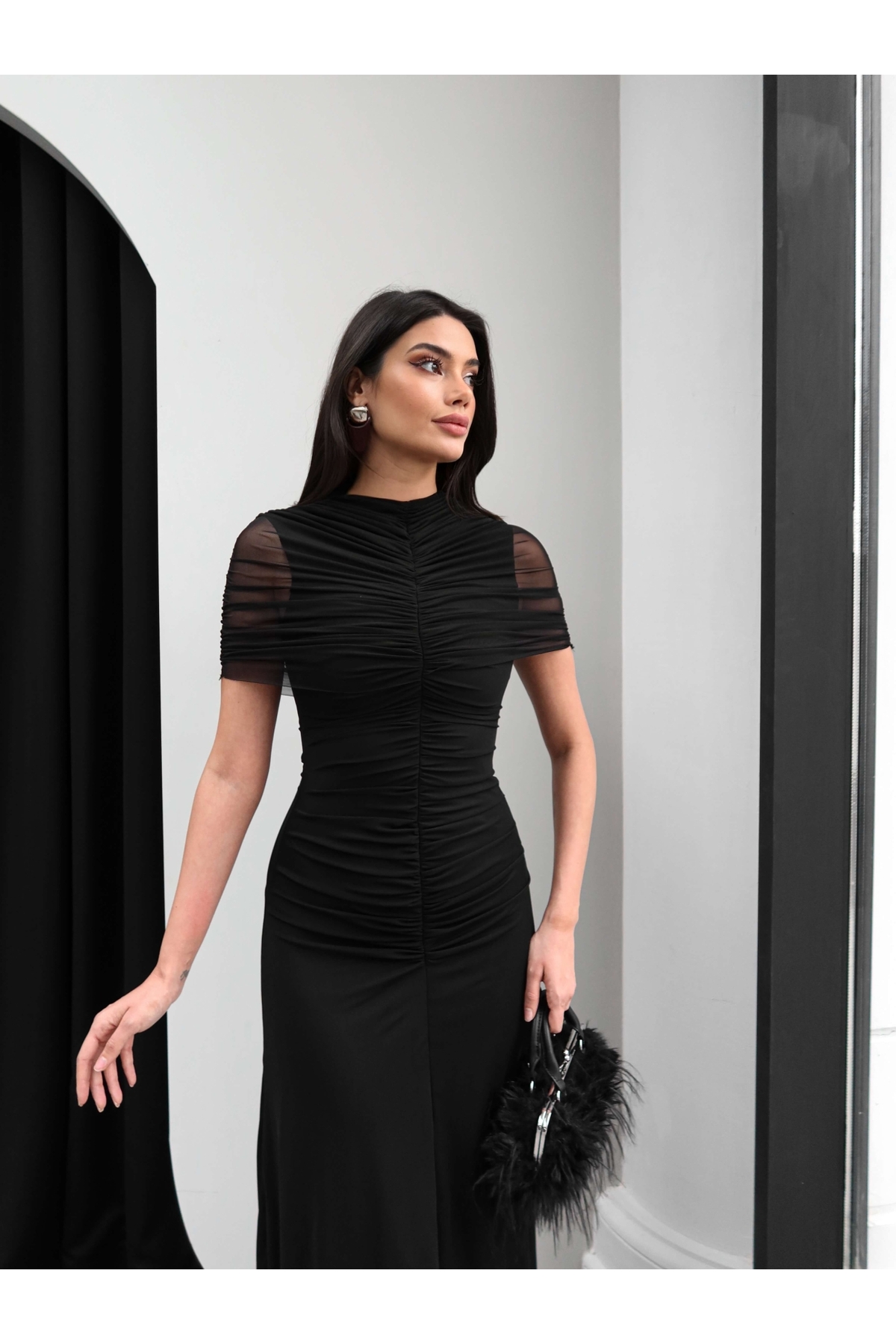 ESRAHELVACI  Boyun Bel Büzgülü Tül Elbise - Görsel 2