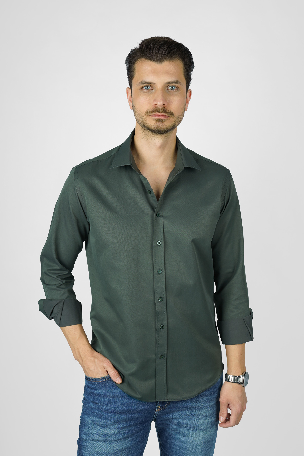Etikmen Yeşil Saten Slimfit Erkek Gömlek görsel 3