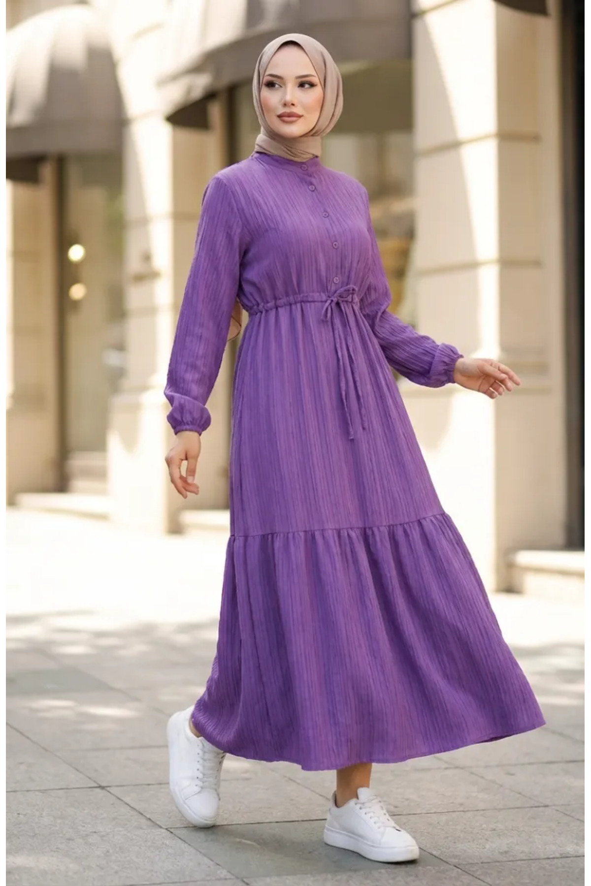 sefamerve  Beli Bağcıklı Yarım Düğmeli Elbise 0183-06 Lila - Görsel 2