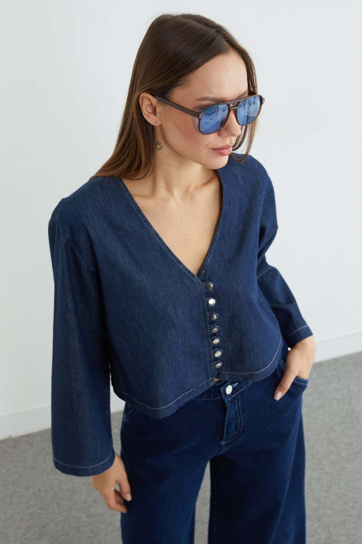 Fullamoda  Düğmeli Geniş Kol Crop Jean Gömlek