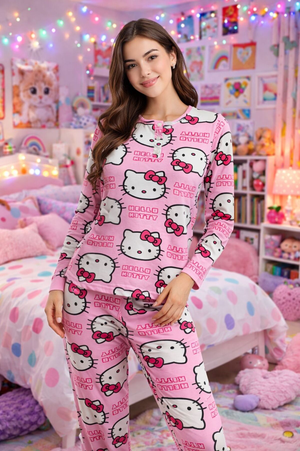 Kardelen Örme Tekstil  Hello Kitty Desenli Penye Pijama Takımı 3 Düğmeli Yakalı Uzun Kollu Kadın Ev Giyim Takımı - Görsel 2