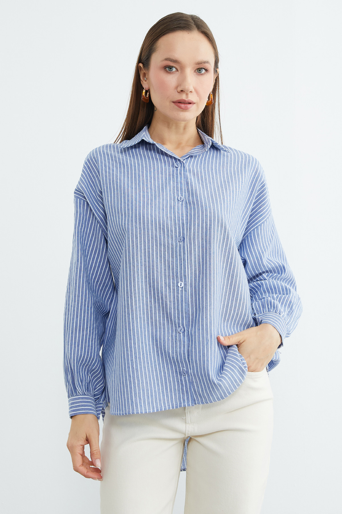 Fullamoda  Çizgili Arkası Uzun Oversize Gömlek - Görsel 4