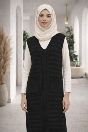 AQE FASHION Kadın Triko Salopet Yelek Siyah Uzun Kolsuz V Yaka Cepli Mevsimli...