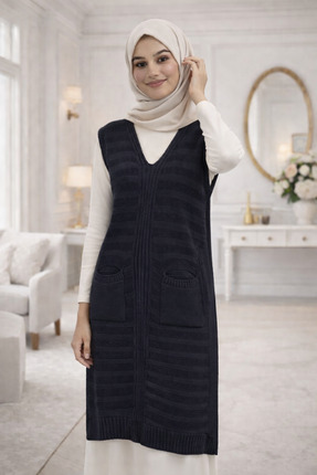 AQE FASHION Kadın Triko Salopet Yelek Lacivert Uzun Kolsuz V Yaka Cepli Mevsi...