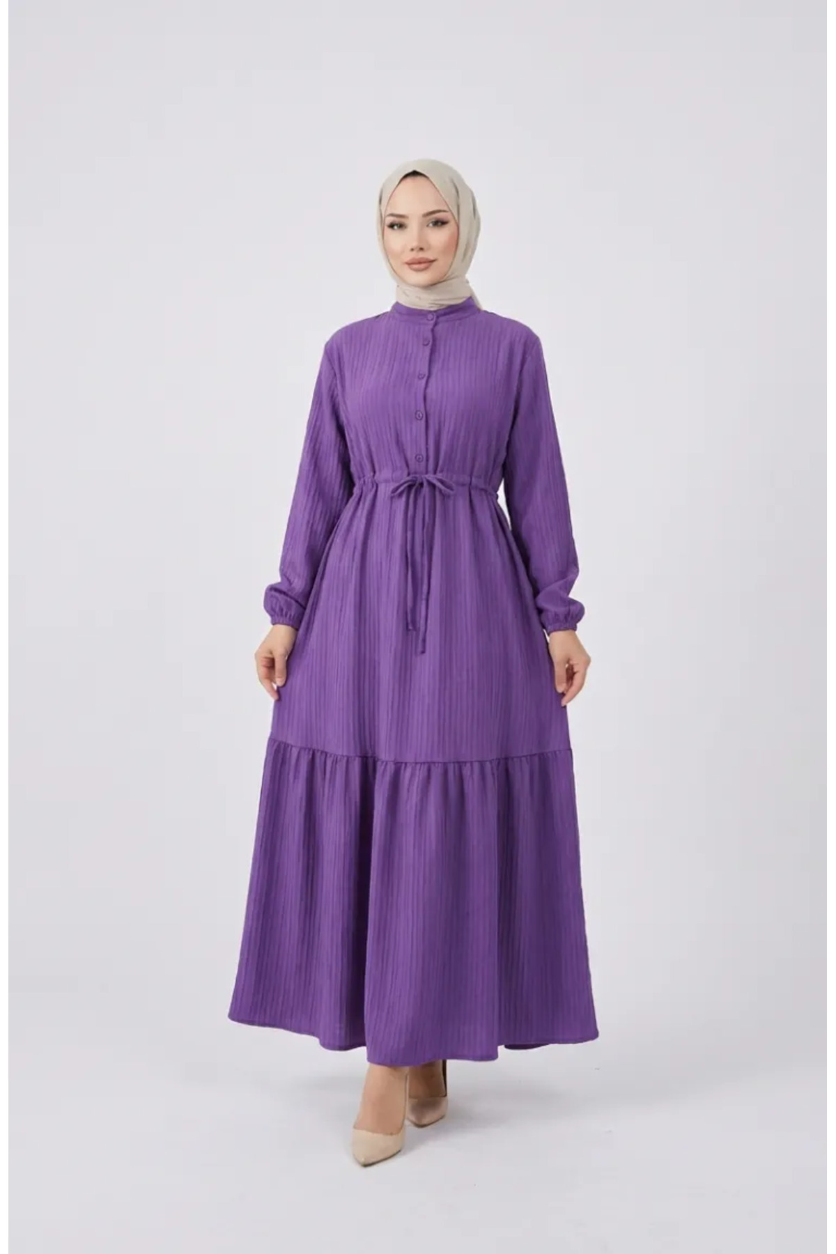 sefamerve  Beli Bağcıklı Yarım Düğmeli Elbise 0183-06 Lila - Görsel 3