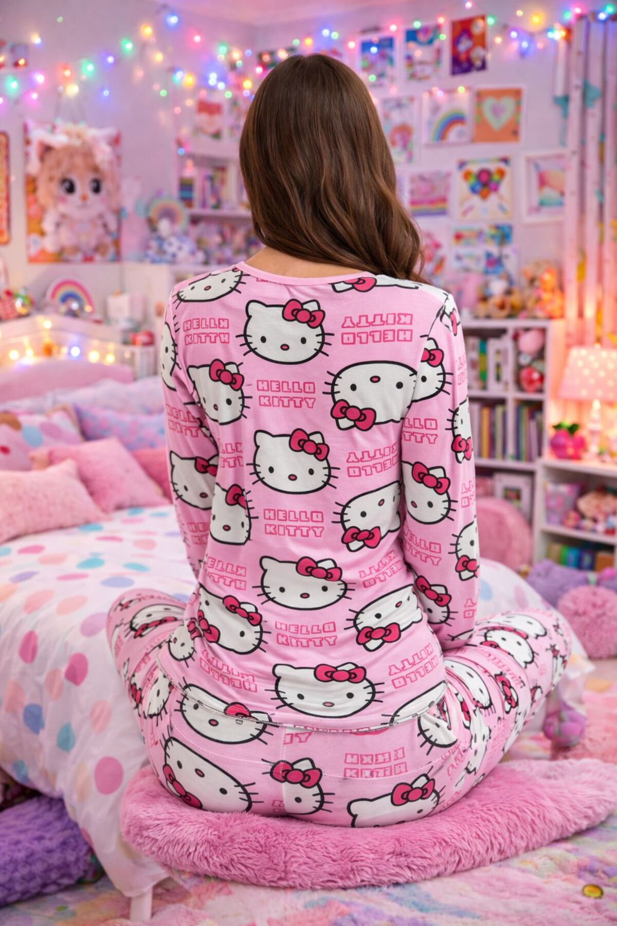 Kardelen Örme Tekstil  Hello Kitty Desenli Penye Pijama Takımı 3 Düğmeli Yakalı Uzun Kollu Kadın Ev Giyim Takımı - Görsel 3