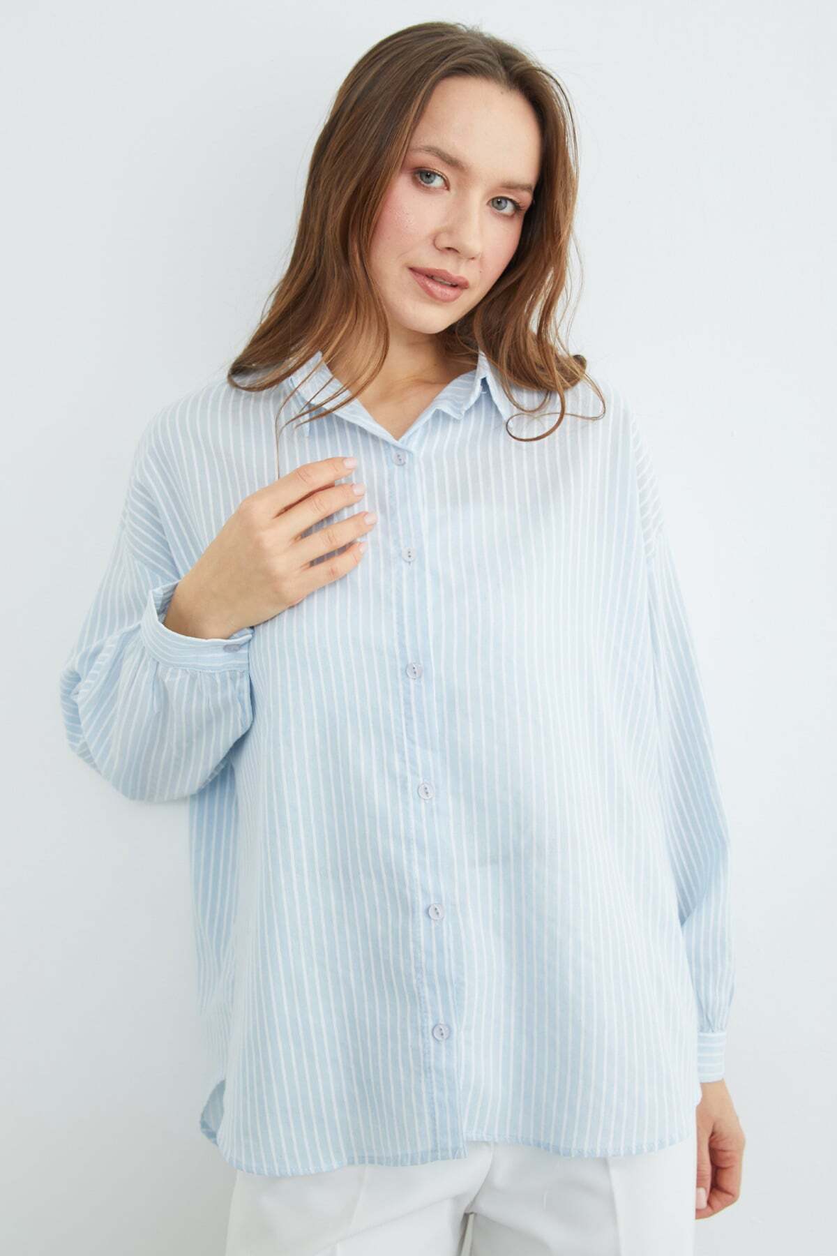Fullamoda  Çizgili Arkası Uzun Oversize Gömlek - Görsel 7