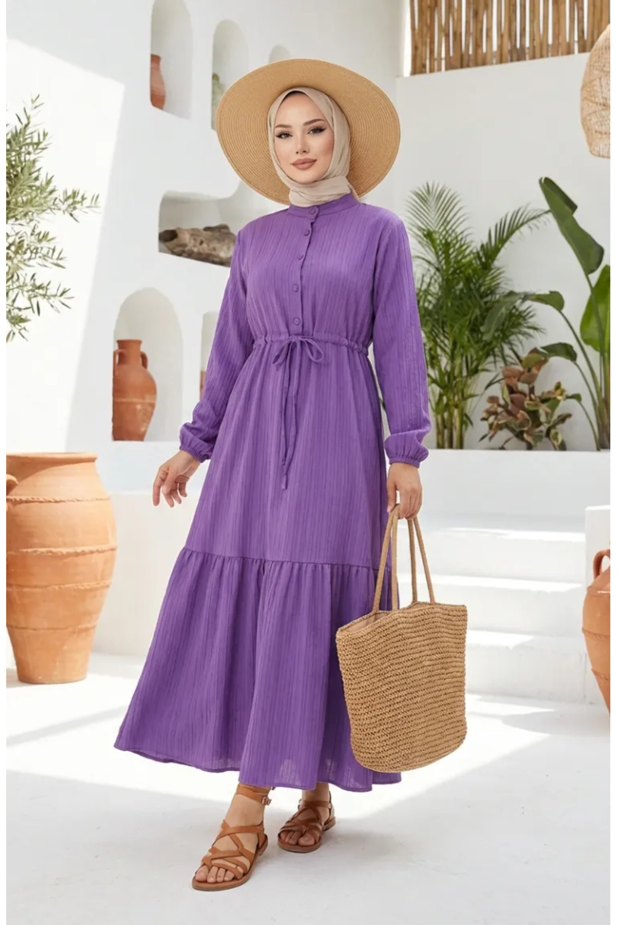 sefamerve  Beli Bağcıklı Yarım Düğmeli Elbise 0183-06 Lila