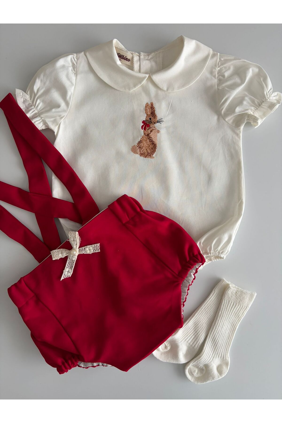 il mio bambino handmade 100% cotton handmade 100% cotton baby girl rabbit embroidered shirt and short salopette set