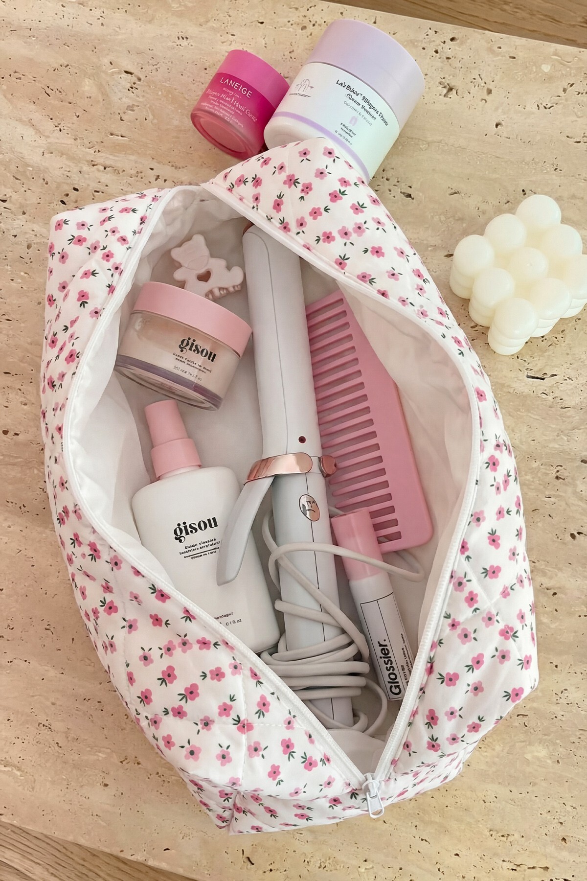 BAHELS باهلس کیف مسافرتی گل صورتی ترد سایز XL برای انواع محصولات حالت دهنده مو — سفید BHT-4234