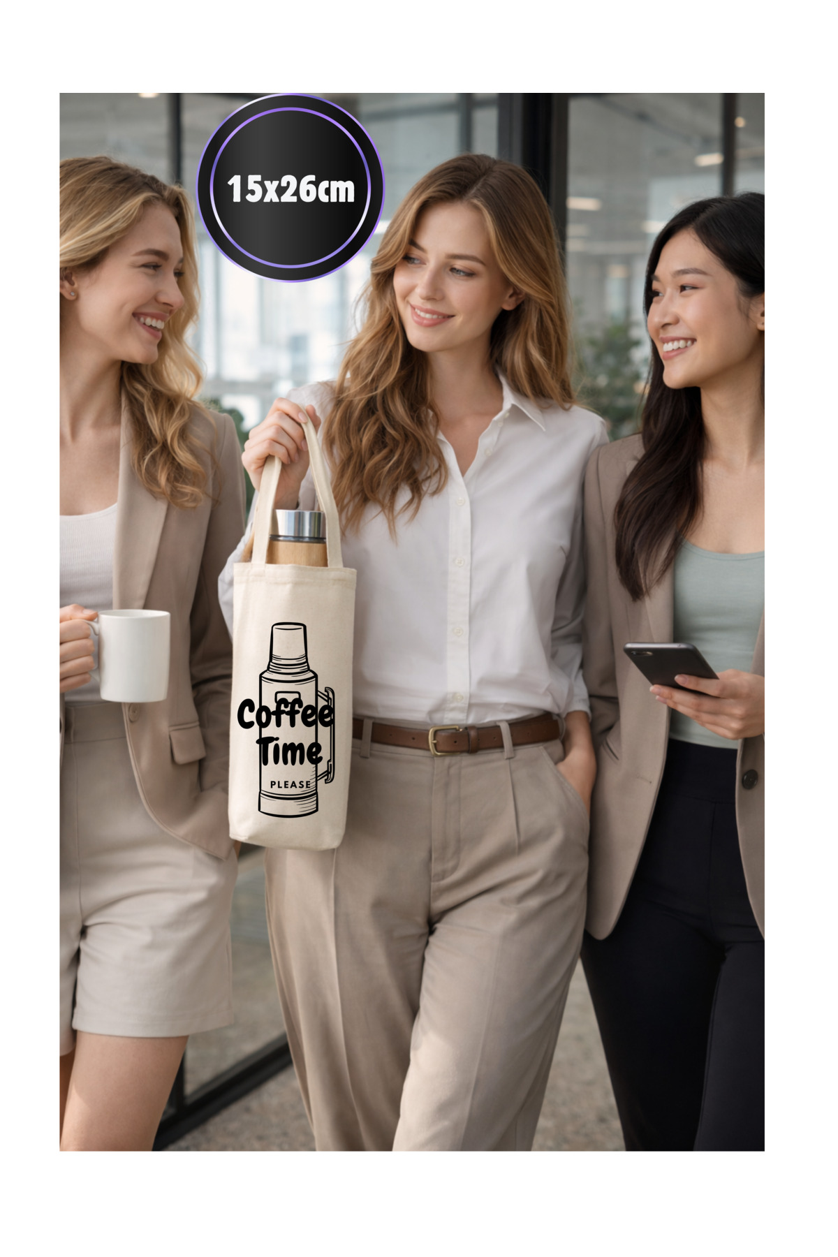 Kanvas Bez Termos Suluk ve Matara Çantası Plaj Piknik Kamp Günlük Kullanım ( Coffee Time Model )
