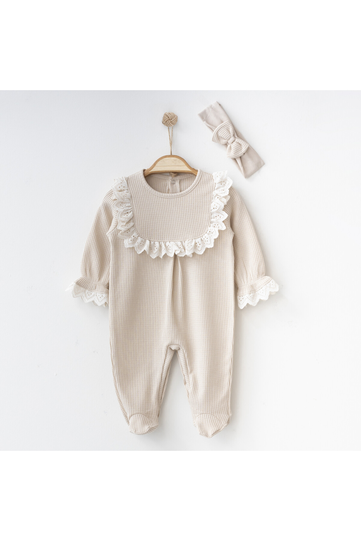 O Baby Waffle Kumaş Fistonlu 2'li Tulum Kız Bebek Yenidoğan Mevlüt Takımı Bandanalı Hastane Çıkışı fotoğrafı 2 (önizleme)