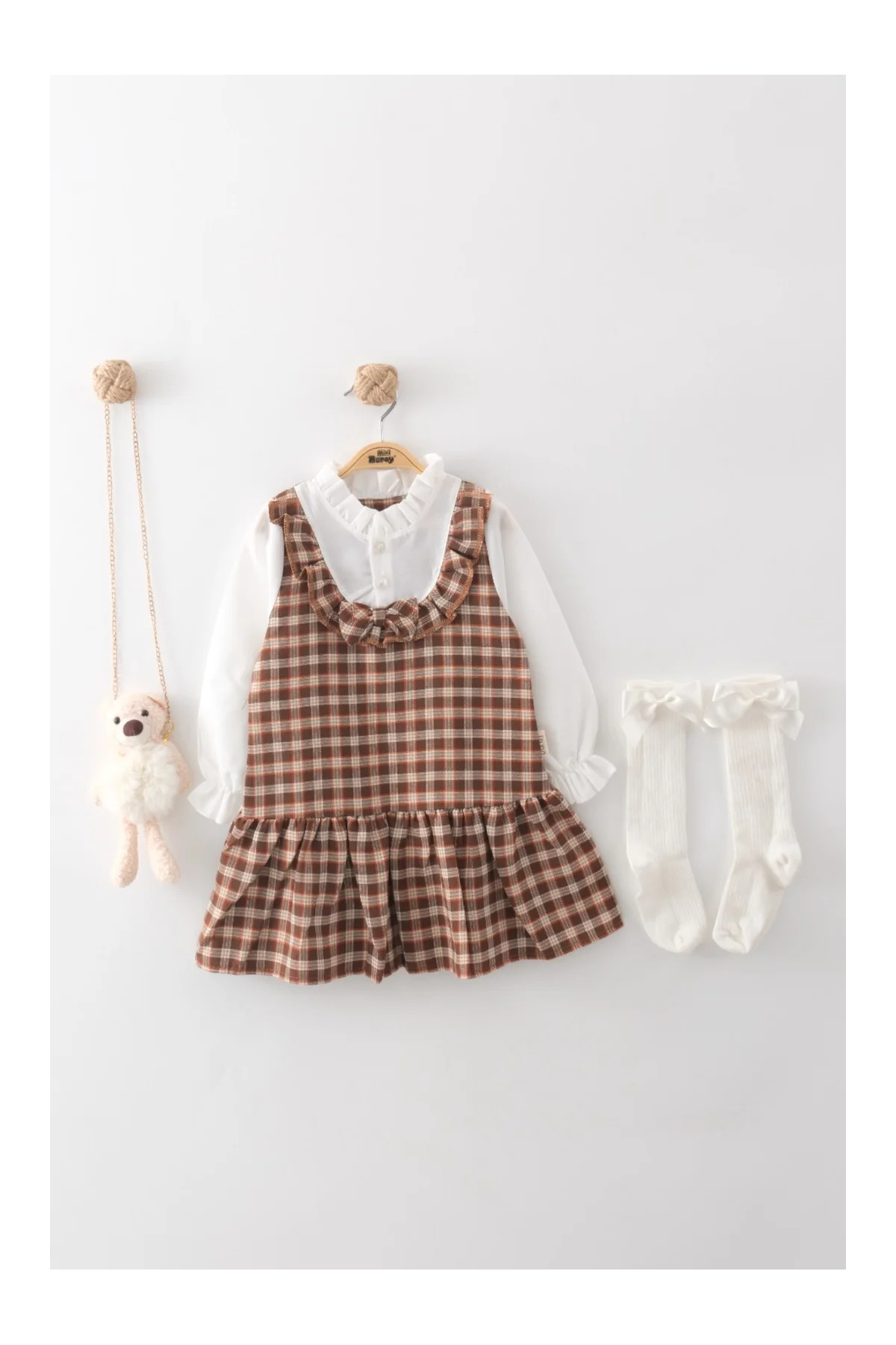 Mini Baray Kız Çocuk Kahverengi Ekose Jile Elbise Seti - Kahve fotoğrafı 2 (önizleme)