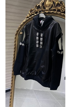 BySerraÖzcan Tasarım Elmas Taşlı Deri Sweatshirt Taşlı