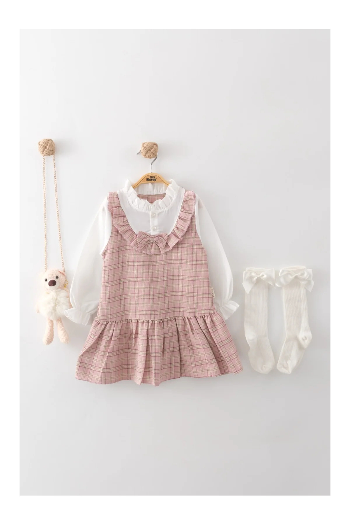 Mini Baray Kız Çocuk Kahverengi Ekose Jile Elbise Seti - Gül fotoğrafı 2 (önizleme)