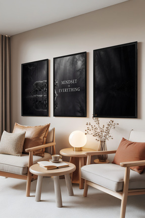 Zestia Siyah Çerçeveli 3’lü Kaplan Duvar Tablosu, Siyah Beyaz Motivasyon Ofis...