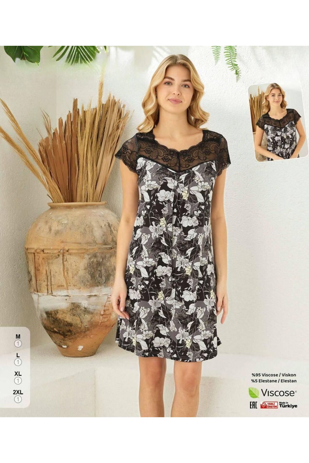 İpek Kadın Kısa Kol Dantel Detaylı Çiçek Desen Mini Boy Gecelik