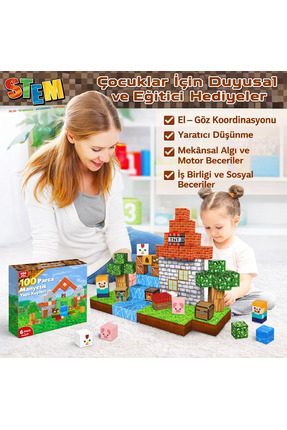 RoRoToys Minecraft Temalı Manyetik Yapı Küpleri – Orman & Şelale Seti (100 Pa...