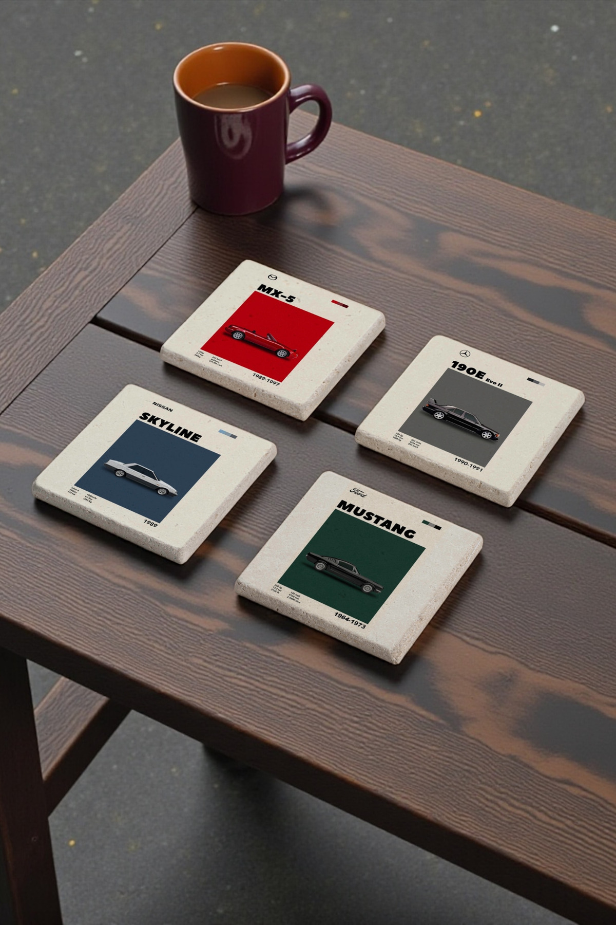 Nostalgia Cars Themed Vintage Cars Natural Stone Travertine Coaster Set of 4