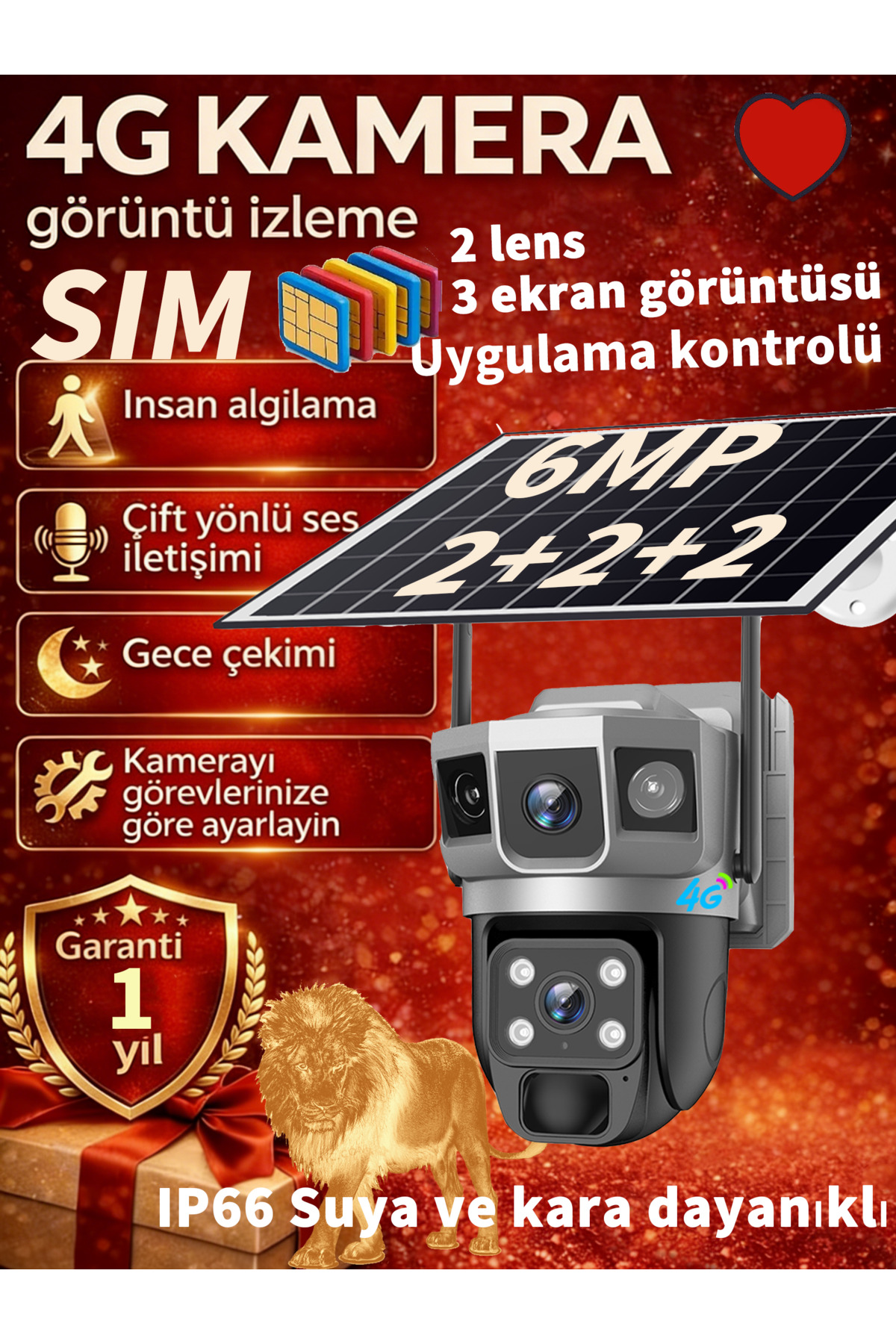 V380 Pro Sim Kartlı 4G 2 Kameralı Solar Panelli Güneş Enerjili 6mp Dual Light App Kamera