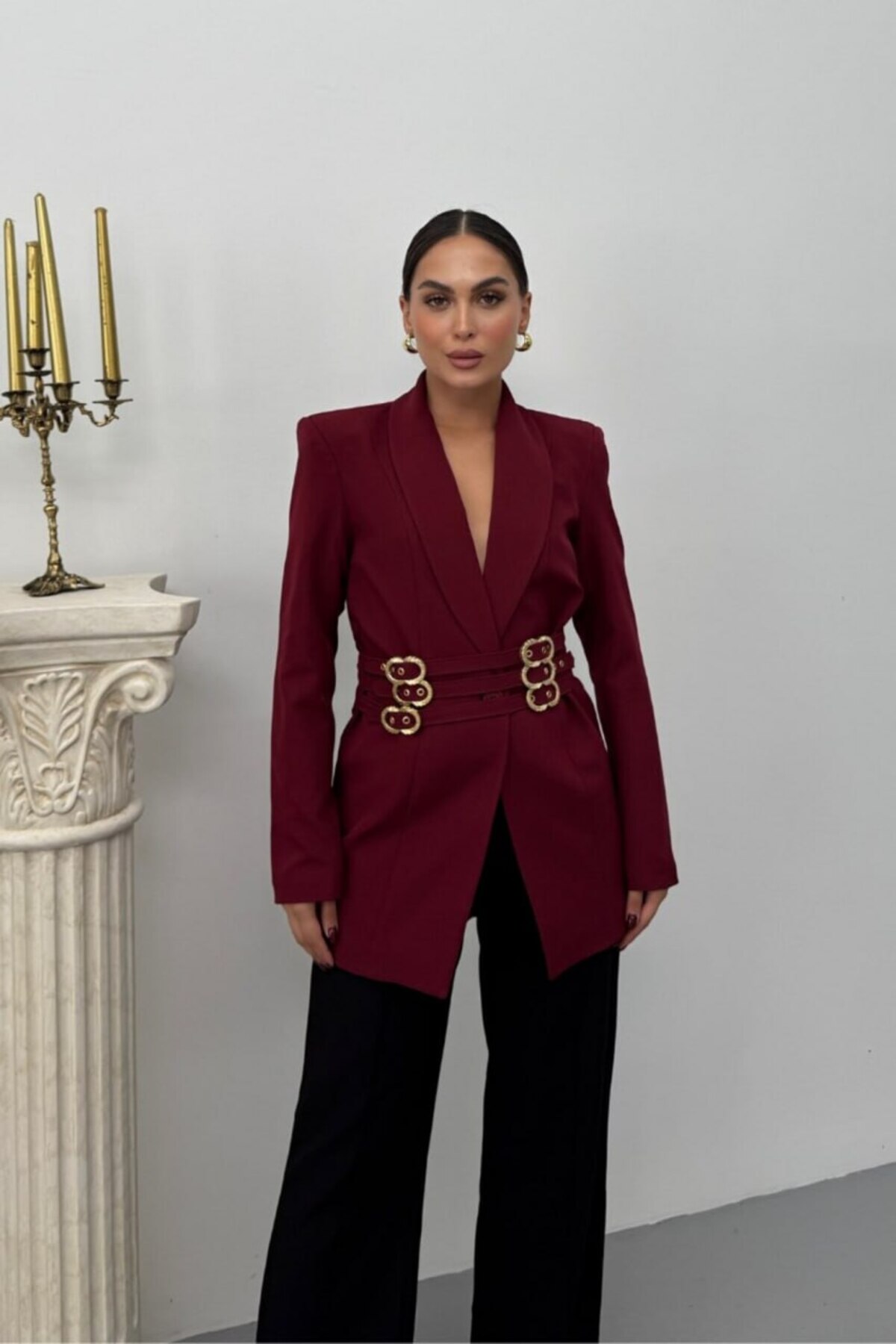 Women's Blazer with Gold Buckle Belt - Görsel 4