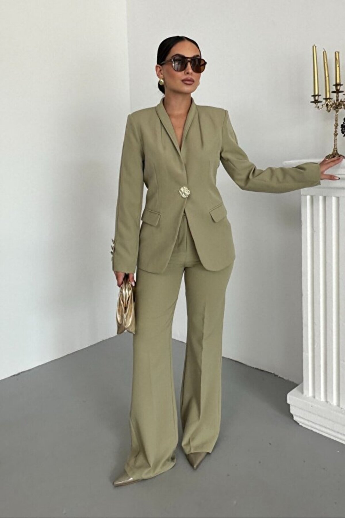 Women's Blazer Suit Set Khaki Buttoned Workwear - Görsel 6
