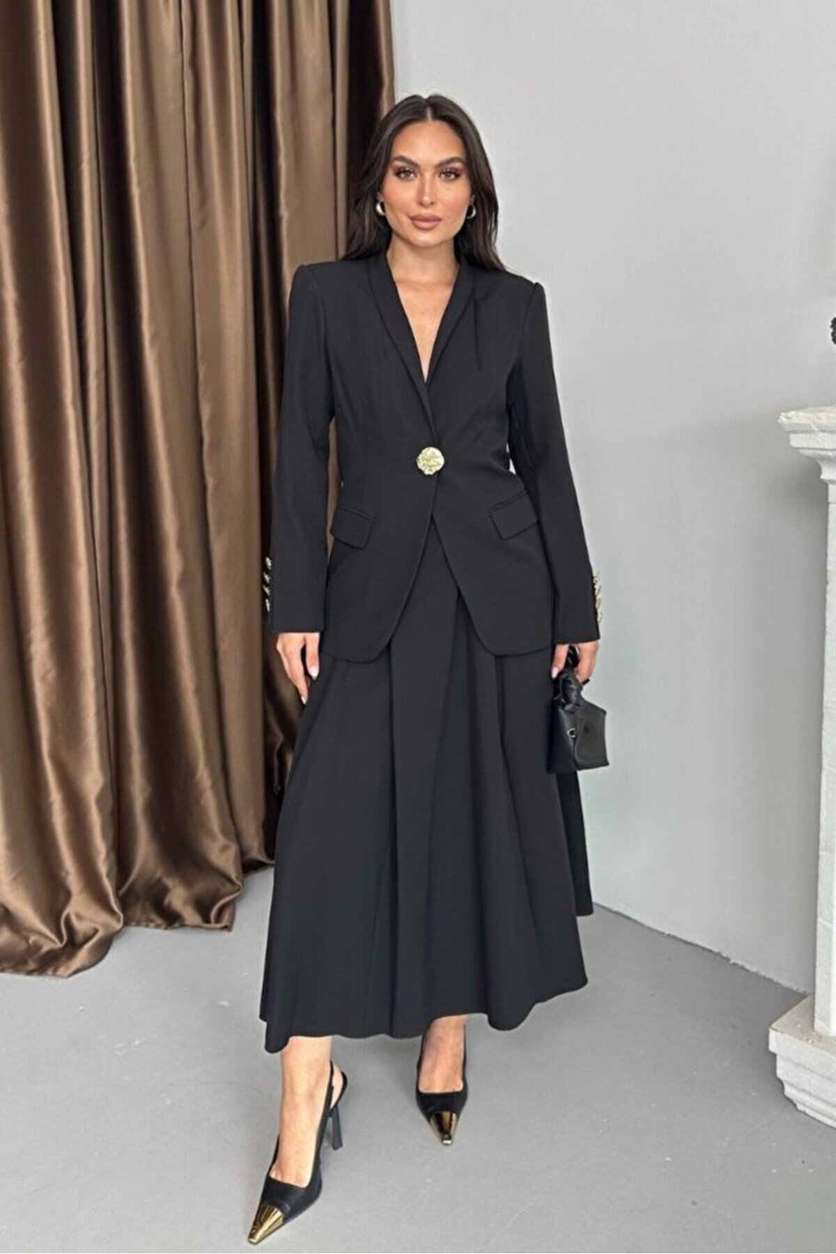 Gold Button Blazer Jacket and Skirt Set - Görsel 7