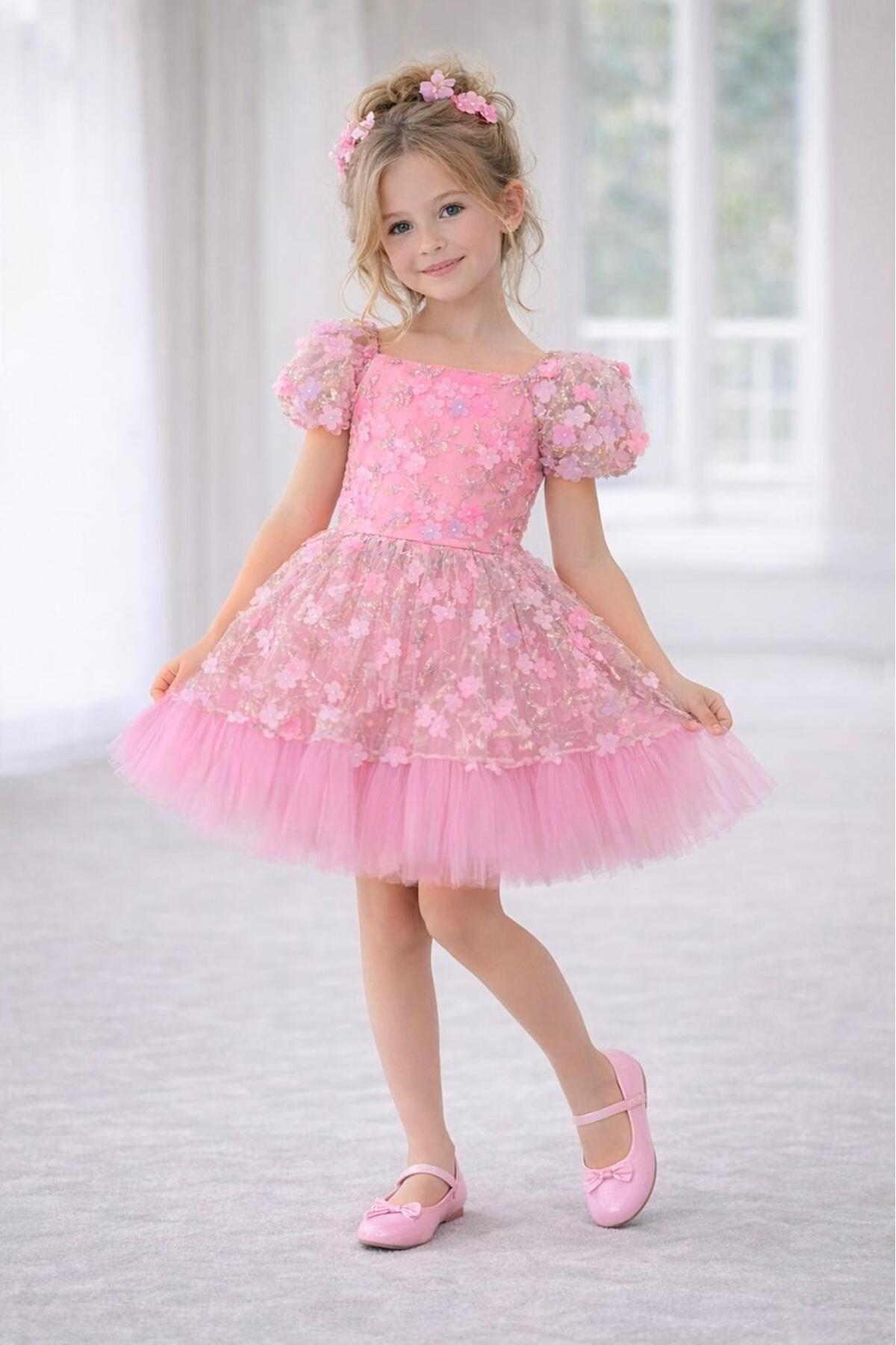 Dıgıl Kids Kız Çocuk Elbise Pembe Papatya Pulpayetli Abiye