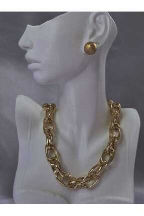 MY ESTA JEWELRY GOLD RENK HALKALI ZİNCİR ÇELİK KOLYE VE TOP KÜPE SETİ