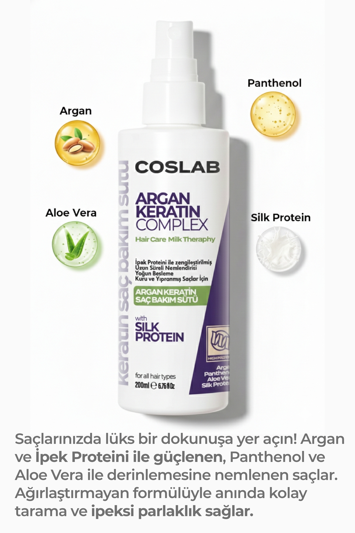 Argan Yağı & Keratin Sütü 200ml Saç Besleyici İpek Proteini Aloe Vera Kuru ve Yıpranmış Saçlar İçin — 8684904310889 — تصویر 5 از 6