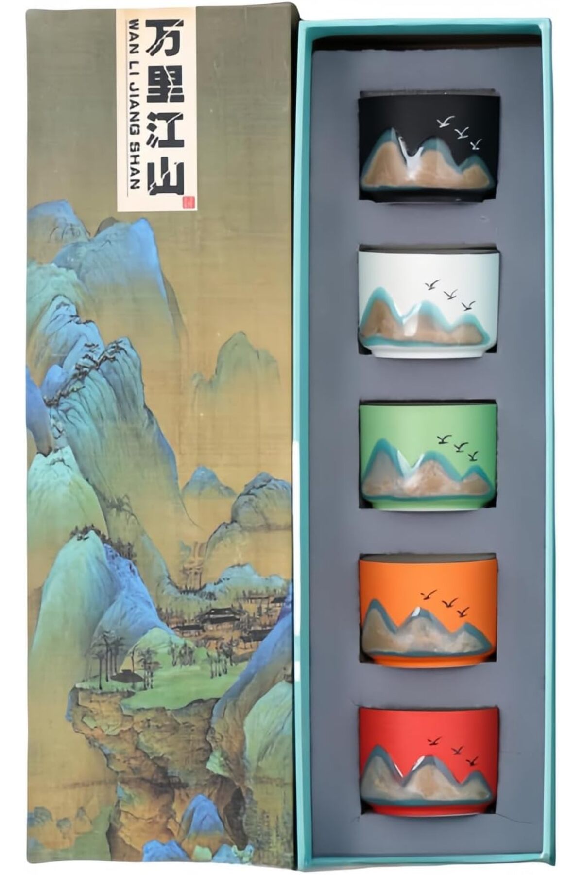 طقم فناجين شاي سيراميكية بنقشة جبل وطائر، 5 قطع، ز...