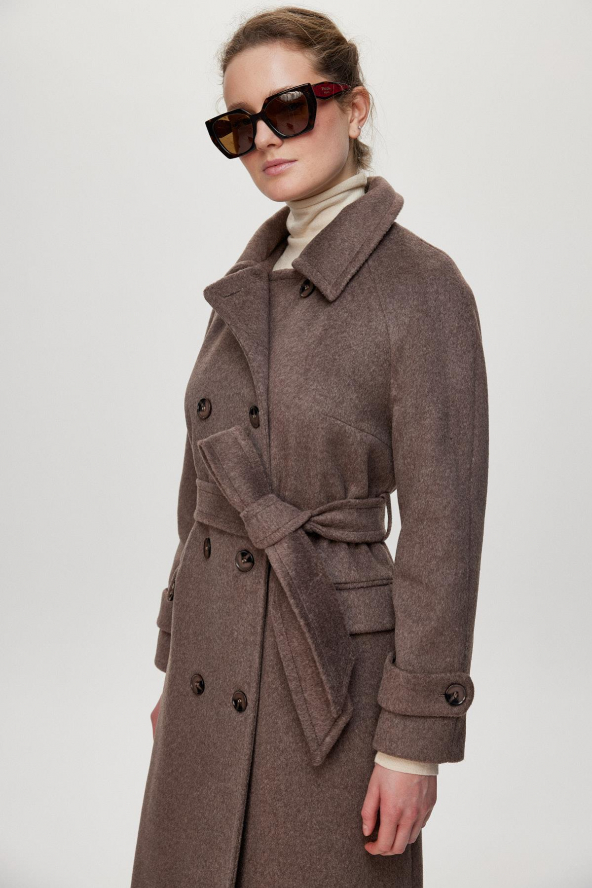 Zühre  Çift Cepli Kuşaklı Kaşe Kahve Kaban 13659 - Görsel 2