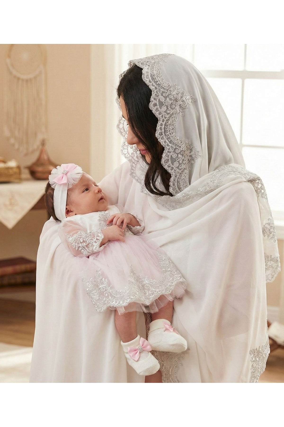 LisaLoom Religious Ceremony Special Occasions French Lace 6-Piece Dress, Headscarf & Blanket Mother-Baby Set