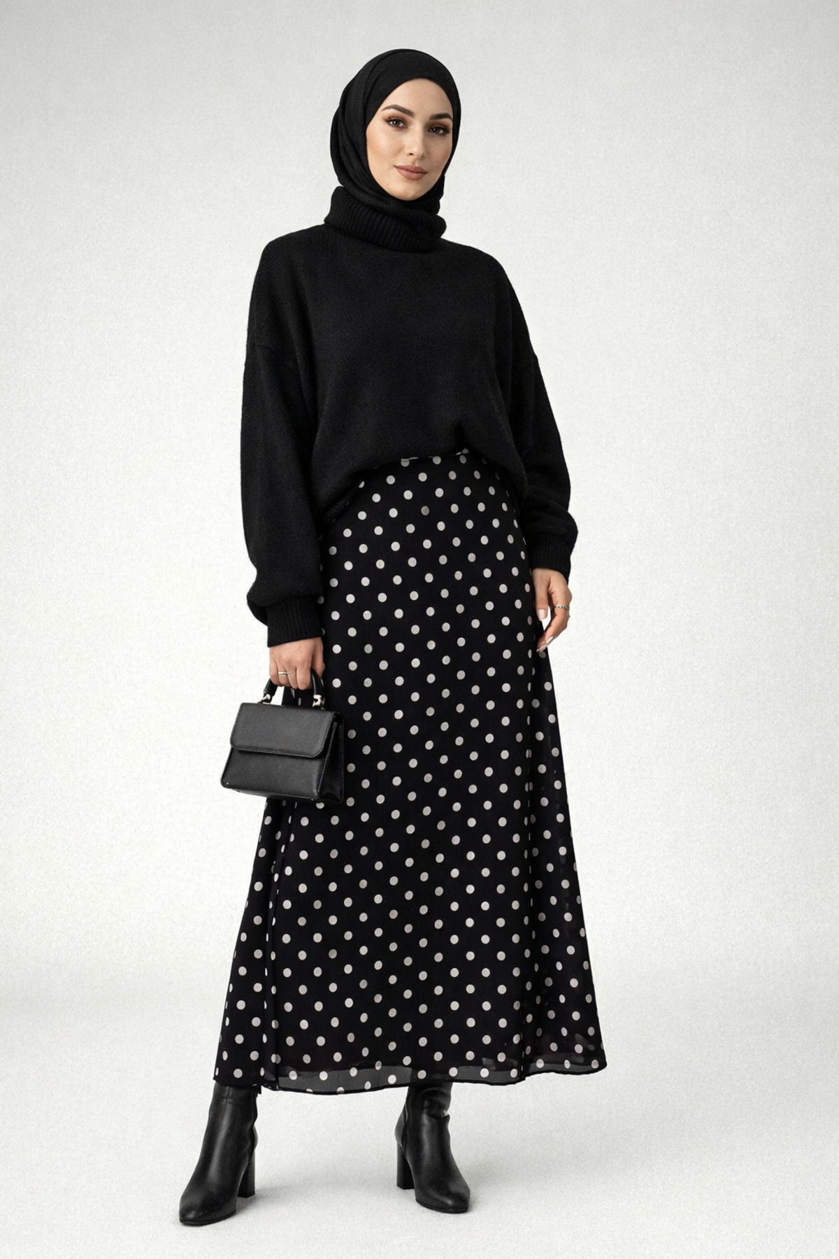 BLOUSE  Siyah Beyaz Puantiyeli Midi Etek - Görsel 3