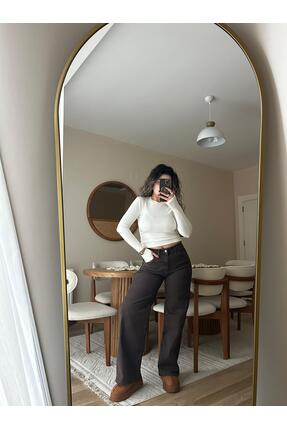 SoulWear Butik Kadın Dökümlü Palazzo Kahve Taş Yıkama Jean