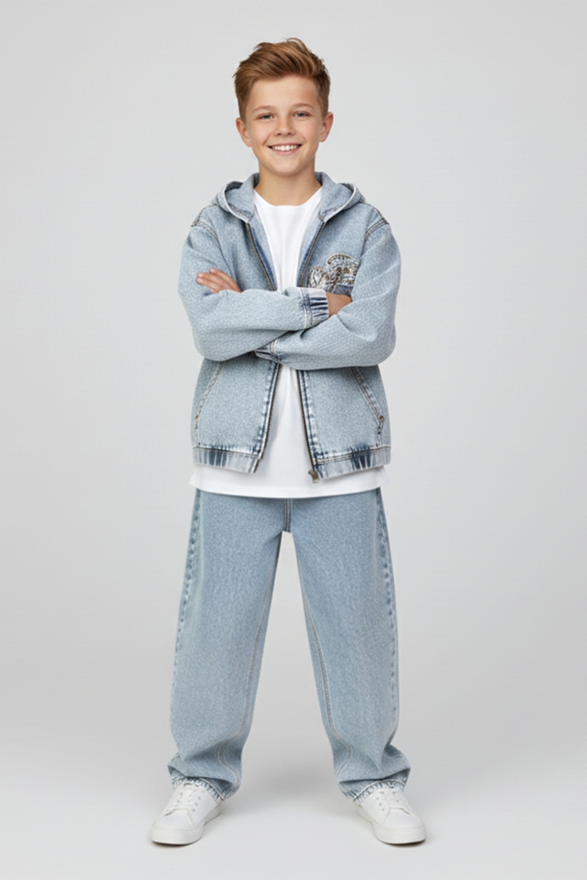 DMB BOYS & GIRLS  Kapüşonlu Kabartma Yazılı Erkek Çocuk Kot Ceket - Görsel 3