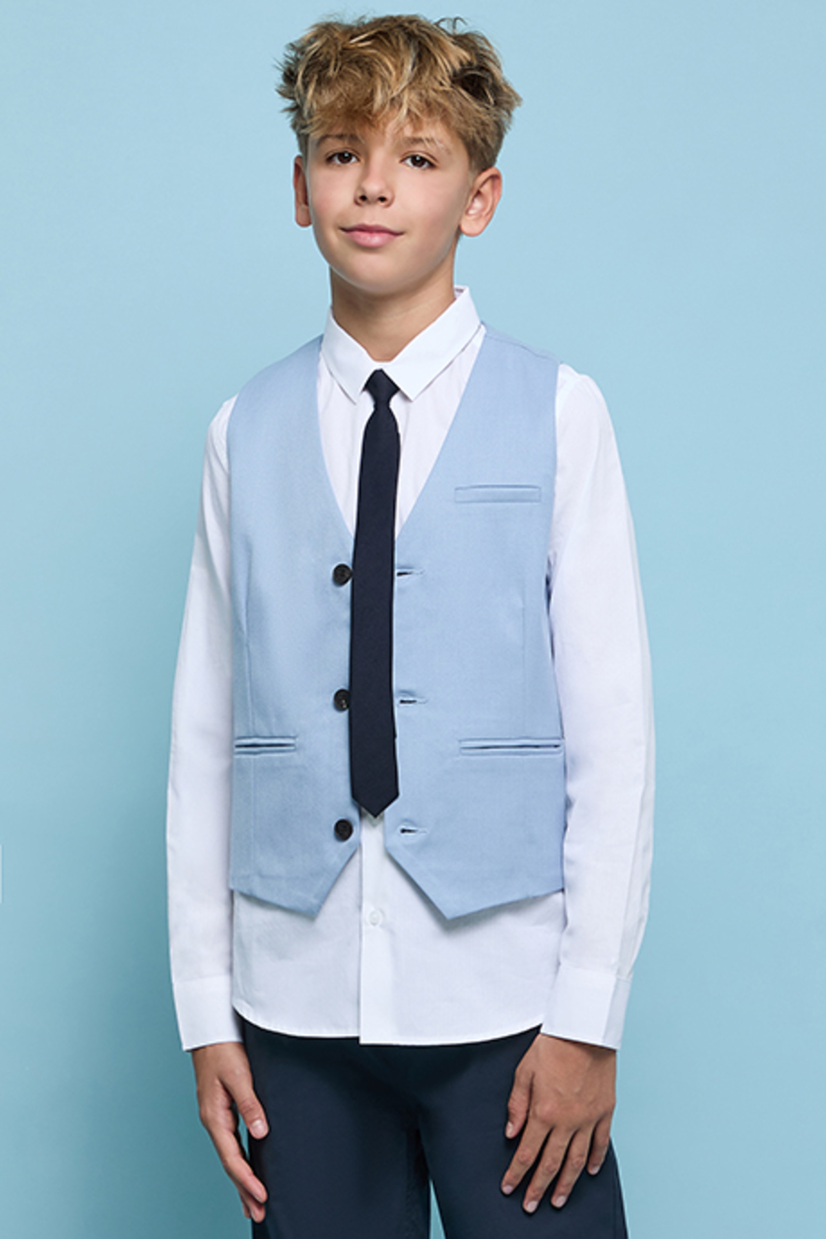 R&B Boy's Blue Solid Shirt with Waistcoat and Neck Tie