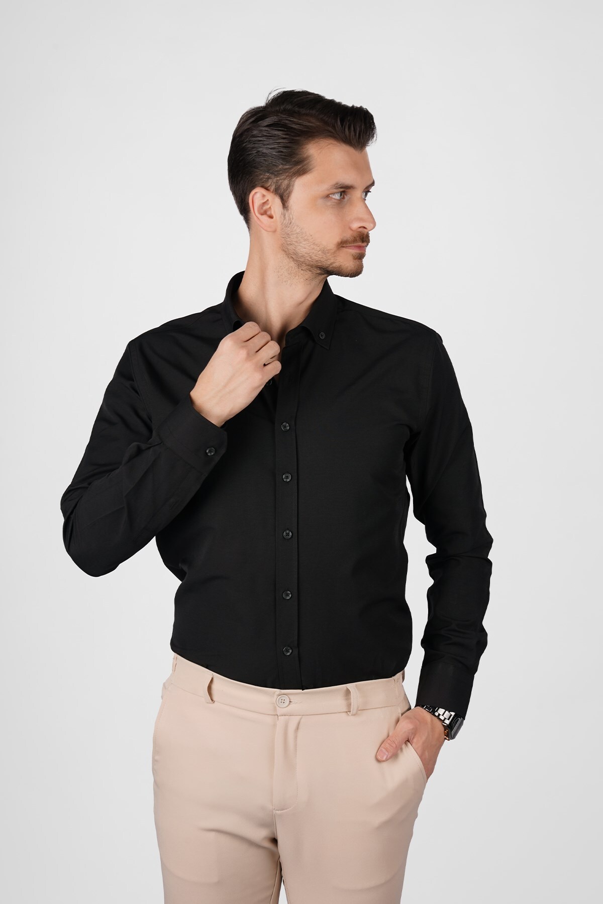Etikmen  Siyah Yaka Düğmeli Premium Şamre Slimfit Erkek Gömlek - Görsel 4
