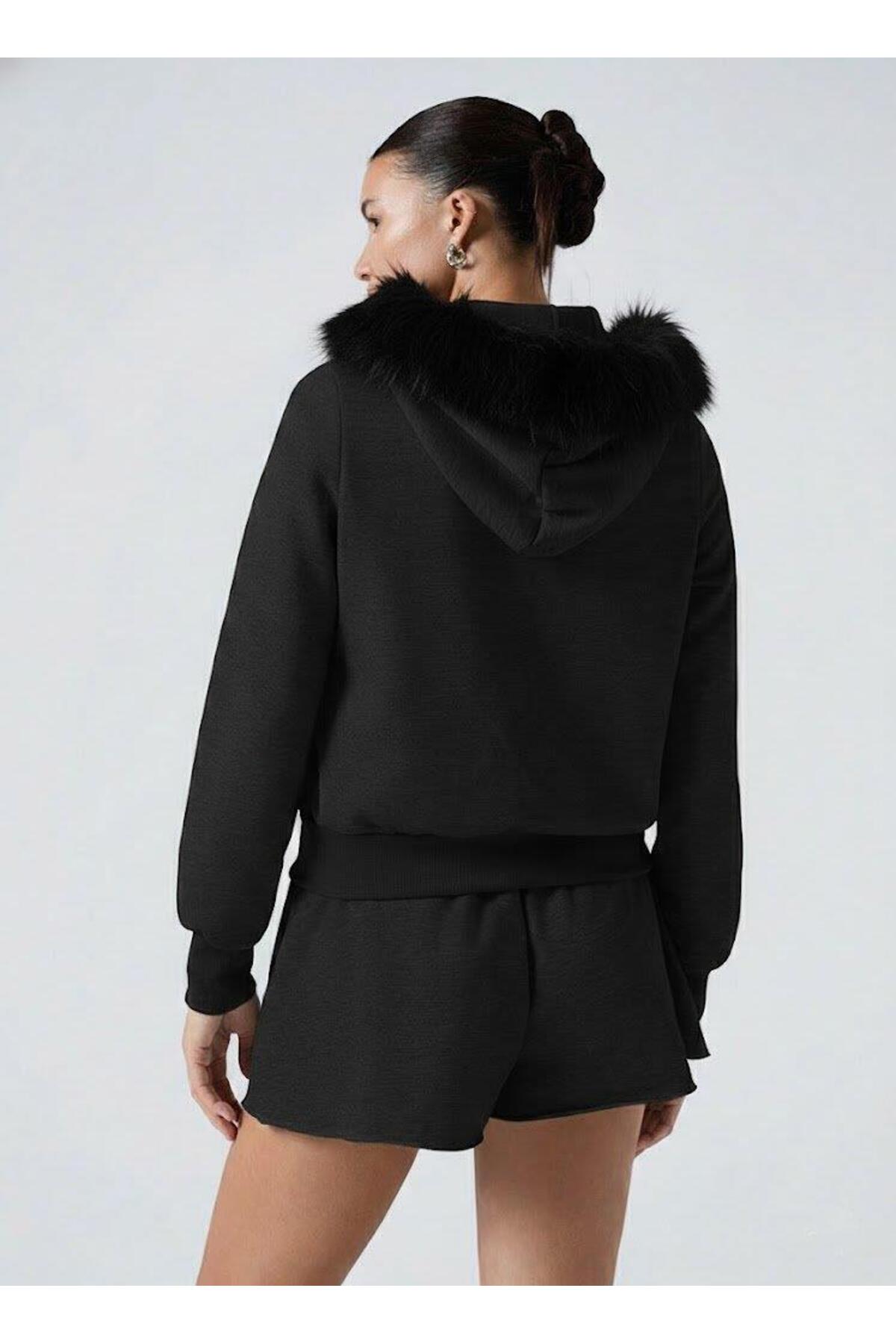 Afri  Kadın Siyah Fermuarlı Kapüşonlu Sweatshirt – Kürkü Siyah Kapüşonlu, Cepli, Rahat Kalıp - Görsel 5